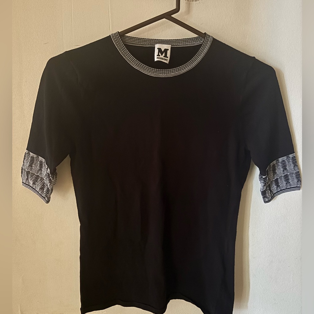 M by Missoni Black Short-Sleeve Knit Top with Striped Trim